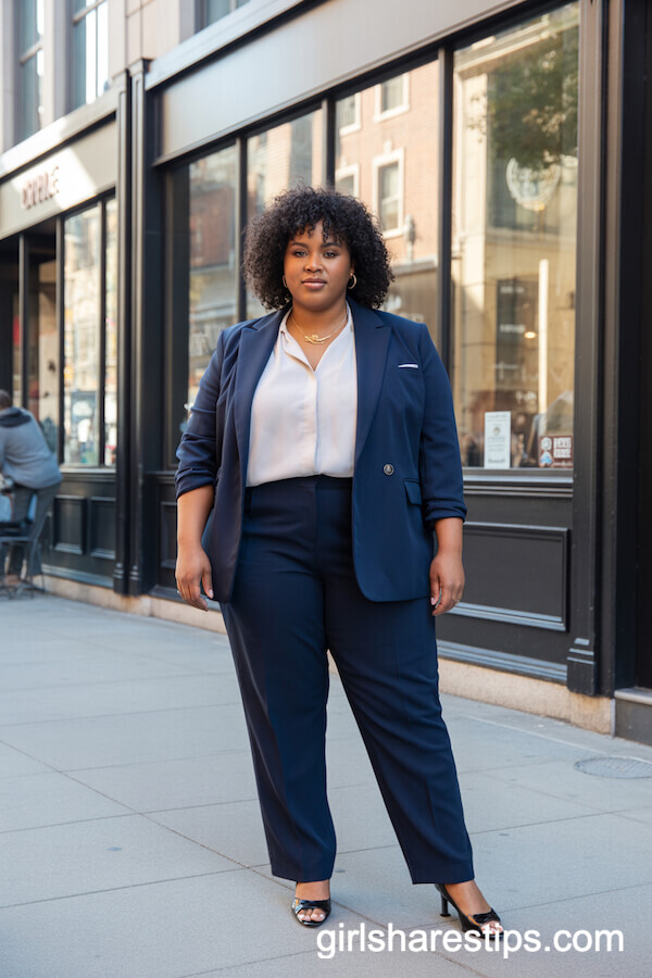 Navy Blazer and Trousers with White Blouse and Gold Accents