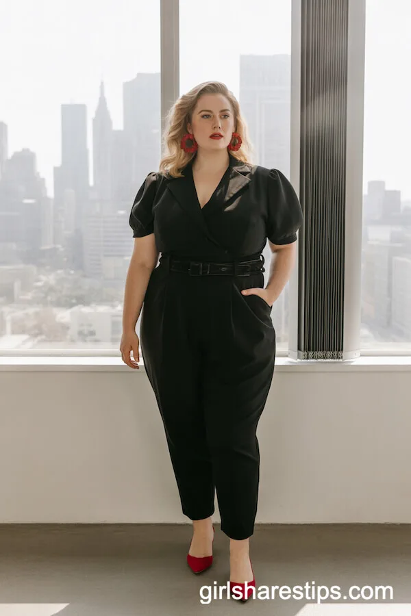 Tailored Black Jumpsuit with Red Flats