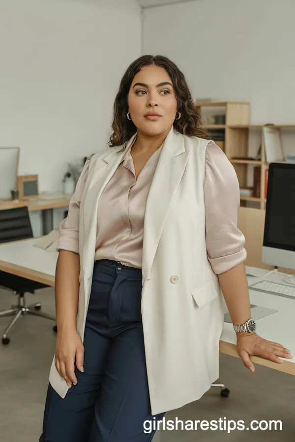 Cream Long-Line Vest Over Blush Blouse and Navy Pants