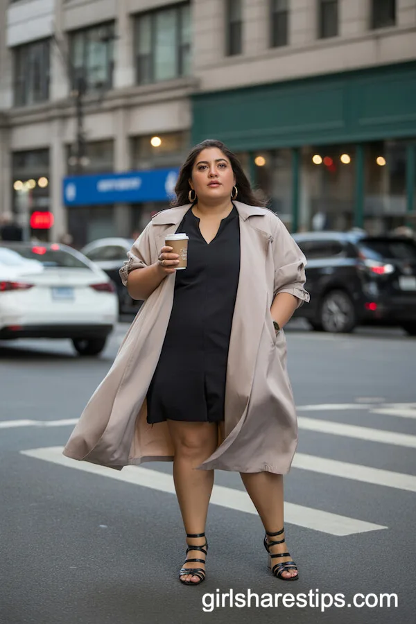 Light Beige Trench Coat Over Black Shift Dress