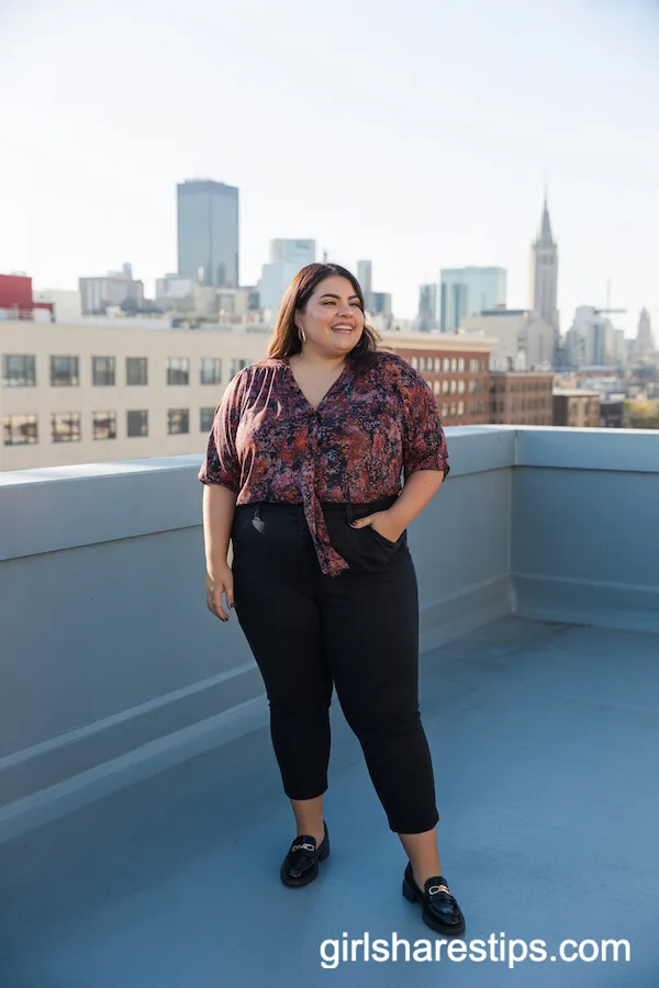 Black Ankle Pants with a Vibrant Printed Blouse