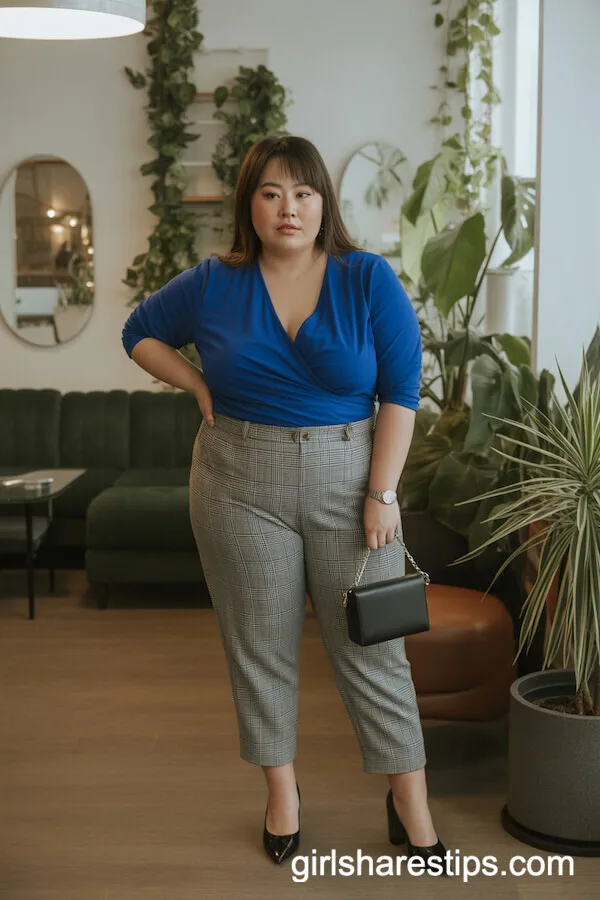 Deep Blue Wrap Top with Grey Plaid Trousers