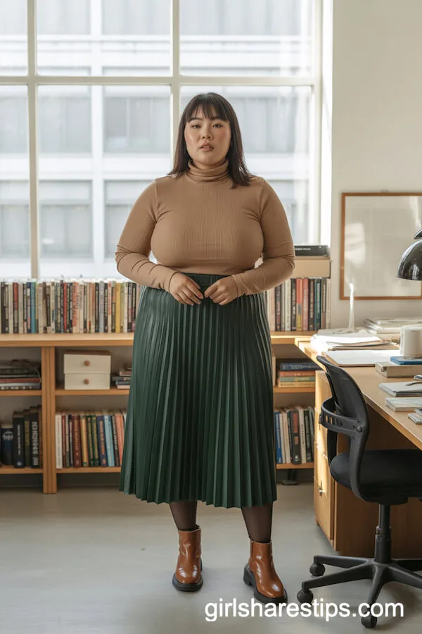 Fitted Tan Turtleneck Forest Green Pleated Skirt