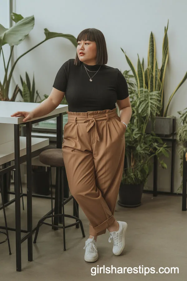 Black Mockneck Top High-Waisted Paperbag Trousers