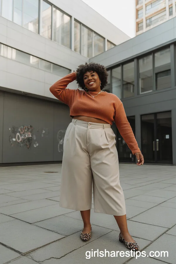 Rust Cropped Sweater High-Waisted Cream Culottes