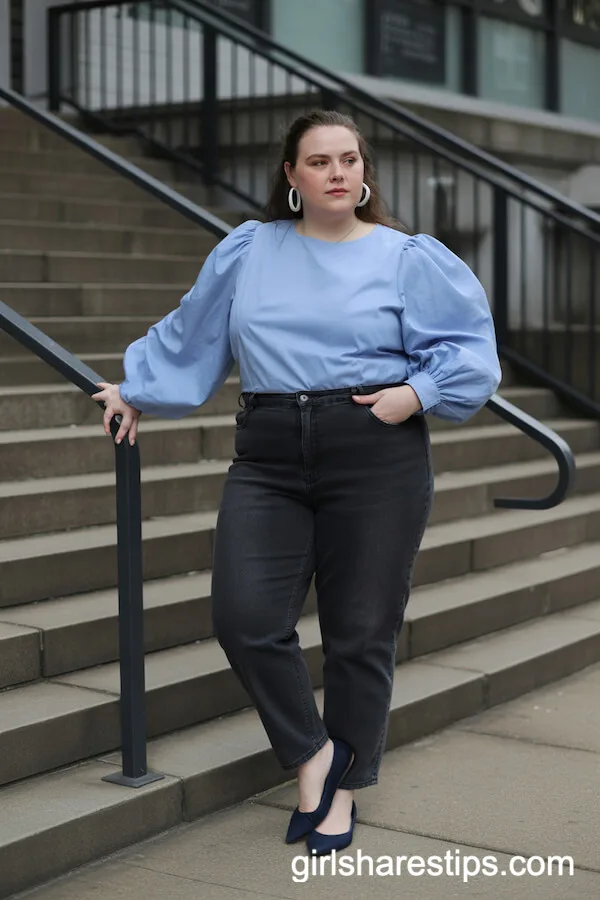 Dramatic Sleeve Blue Blouse with Straight-Leg Jeans