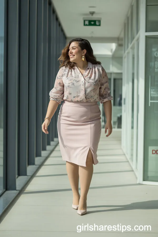 Pastel Pink Pencil Skirt with Floral Blouse and Nude Pumps