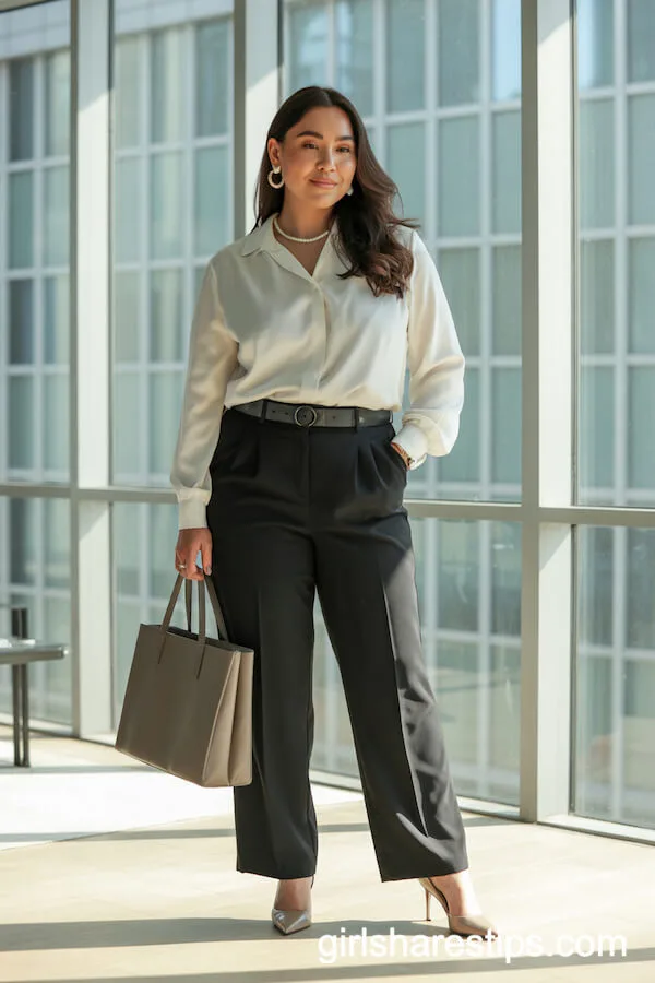 Ivory Silk Blouse with Tailored Black Wide-Leg Slacks