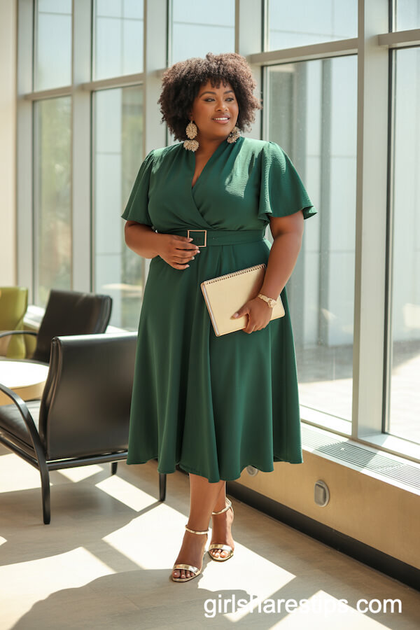 Emerald Green Belted Midi Dress with Gold Heels