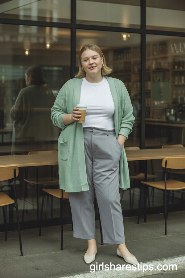 Mint Green Cardigan, White Tee, and Grey Slacks Combo
