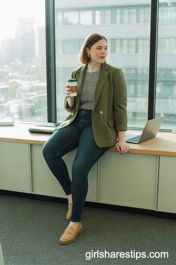 Dark Skinny Jeans with Olive Blazer and Striped Top