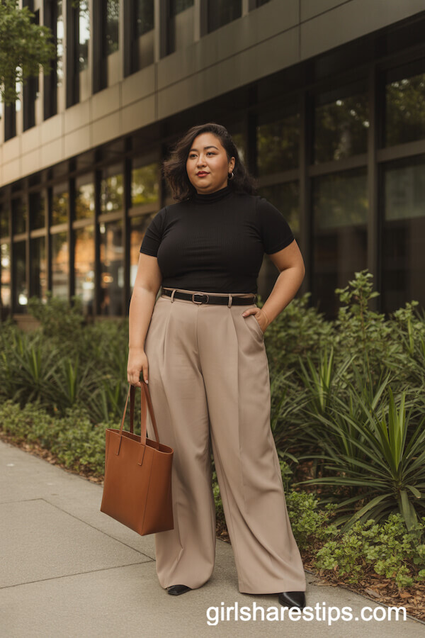 Beige Wide-Leg Trousers Black Short-Sleeve Turtleneck