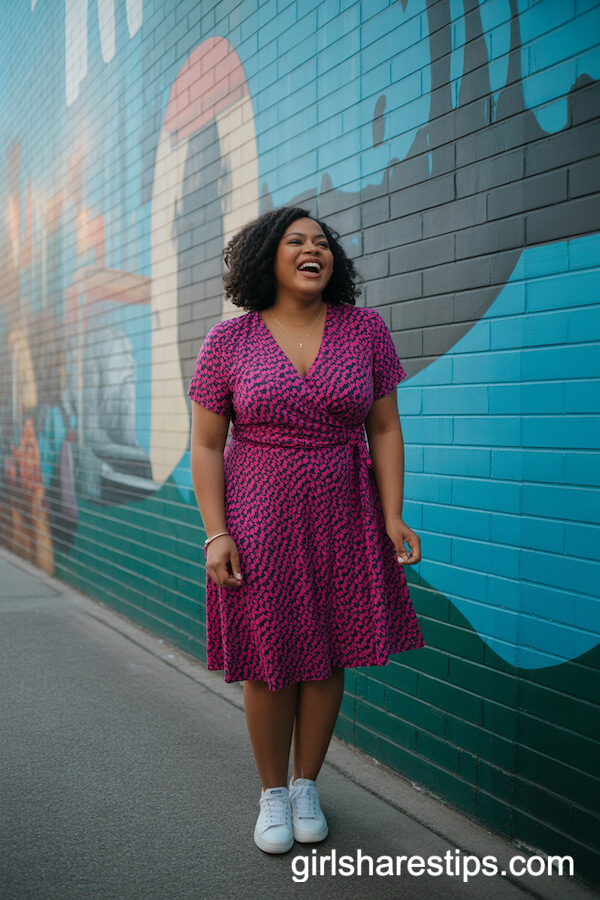 Bright Printed Wrap Dress with White Sneakers