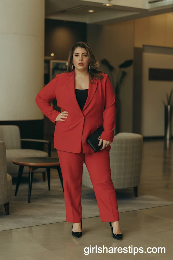 Bold Red Pantsuit with Black Accessories