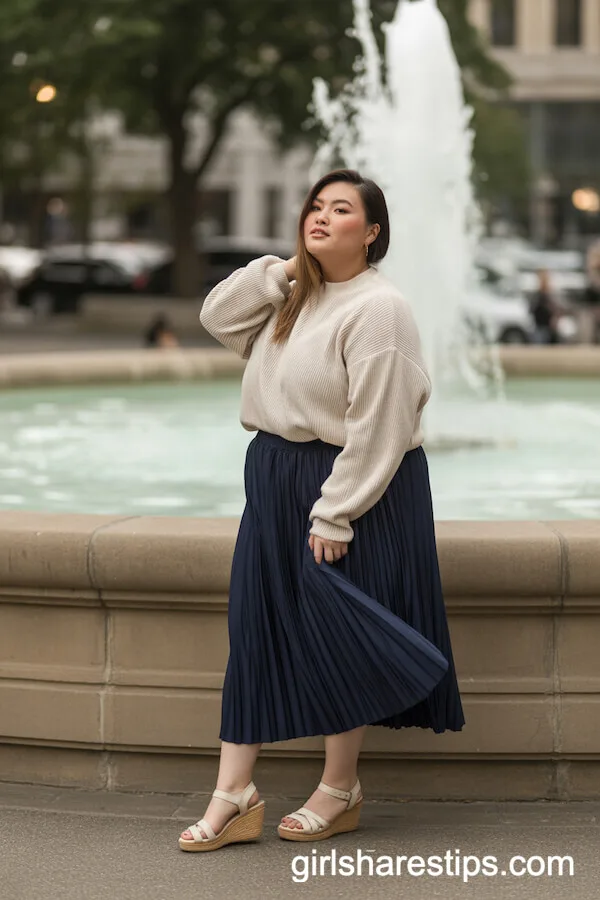 Pleated Navy Midi Skirt Chunky Cream Sweater