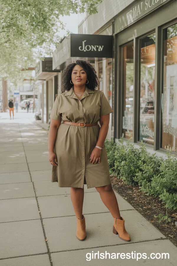 Khaki Belted Shirtdress with Tan Ankle Boots