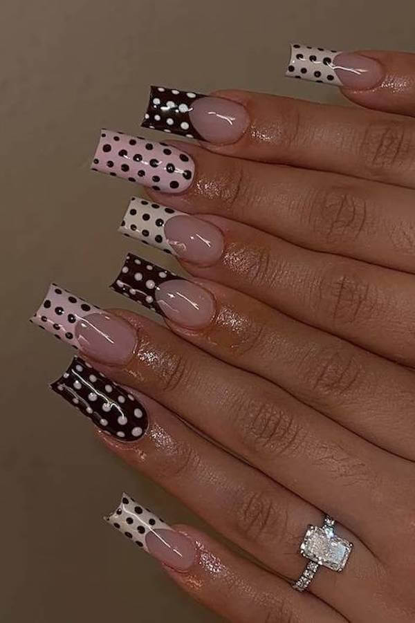 Black, White, and Pink Polka Dot Square Nails