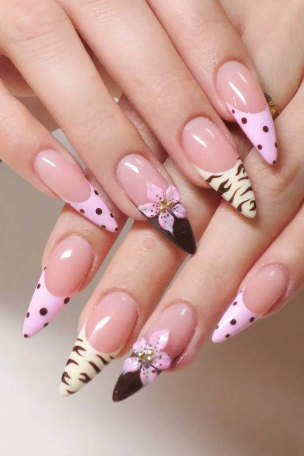 Pink and Brown Polka Dot Stiletto Nails with Flowers