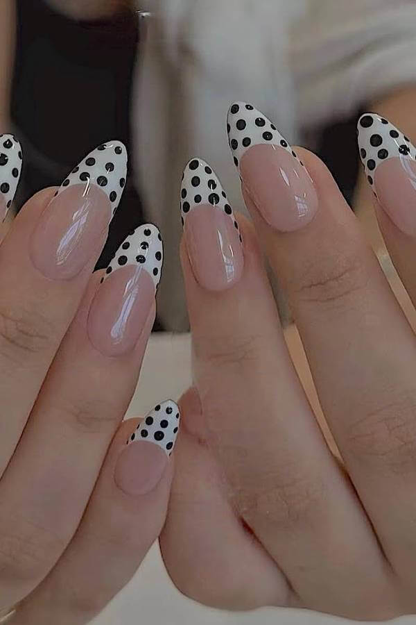 Bold Black and White Polka Dot French Tips