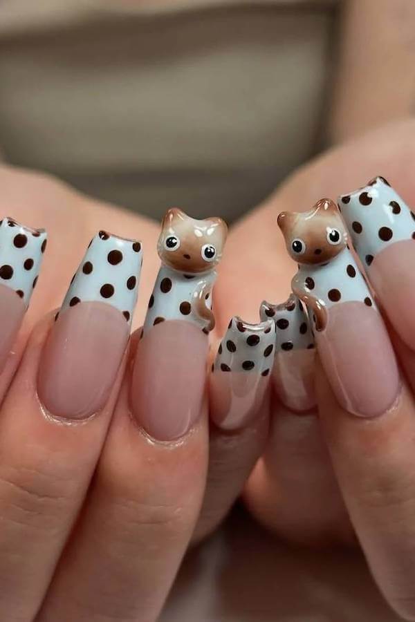 3D Bear French Polka Dot Nails