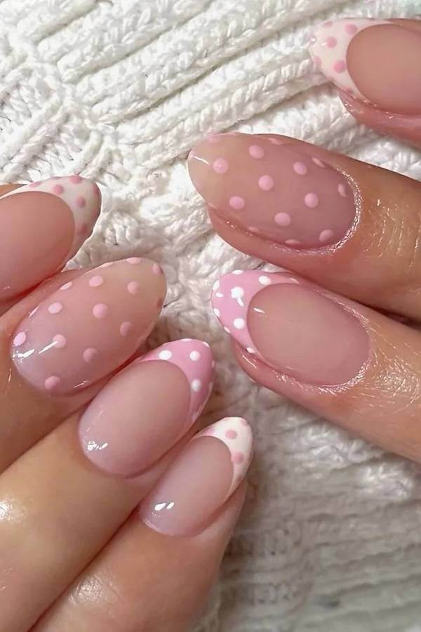Pink French Tip Polka Dot Nails