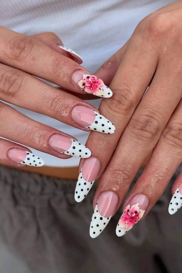 White Polka Dot Tips with Pink Flower Accent