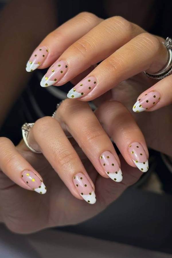 White French Tips with Gold Polka Dots