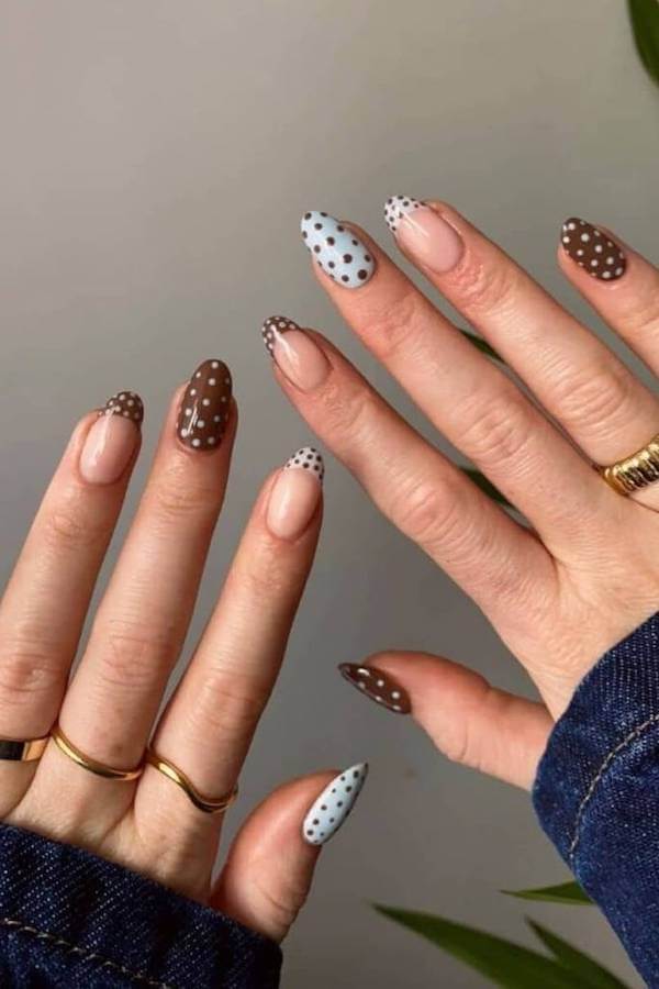 Brown and Blue Polka Dot Accent Nails