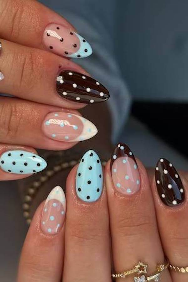 Blue and Chocolate Polka Dot Accent Nails