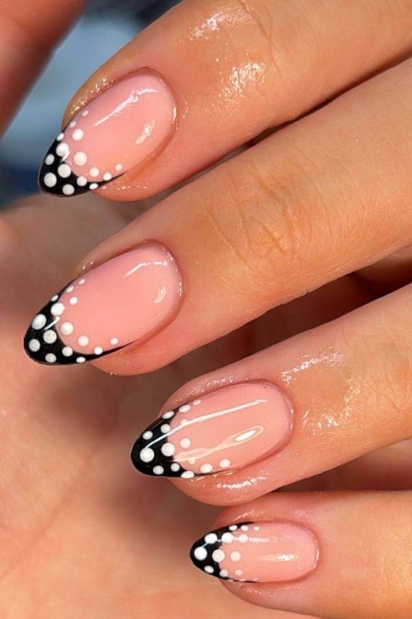 Black French Tips with Layered Polka Dots