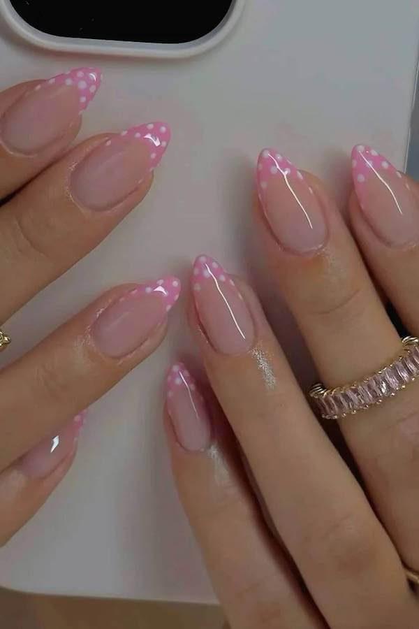 Pink French Tips with Soft Polka Dots