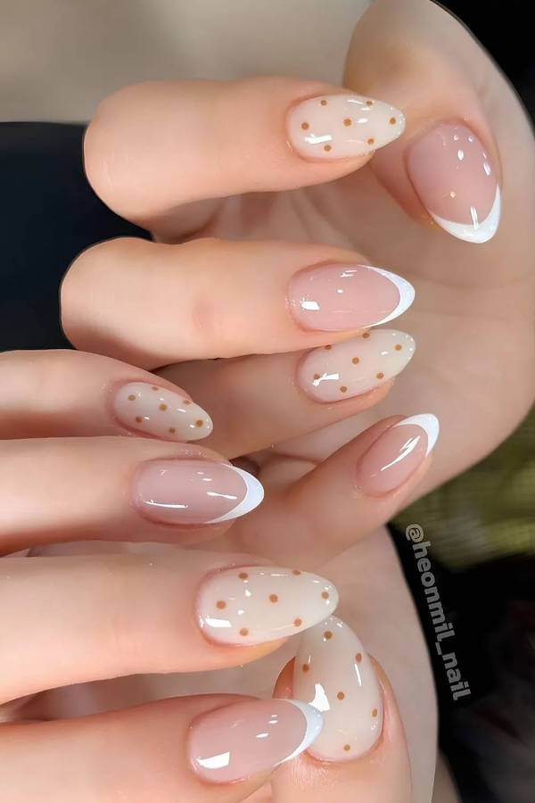 Nude and White French with Gold Polka Dots