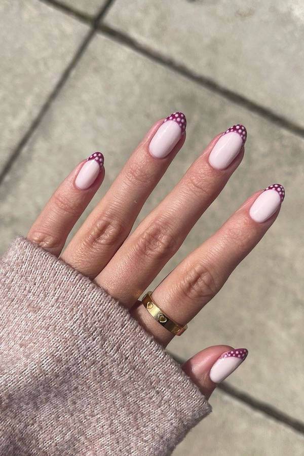 Plum French Tip Polka Dot Nails
