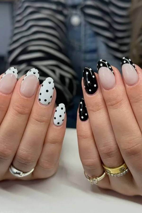 Black and White Alternating Polka Dot Nails