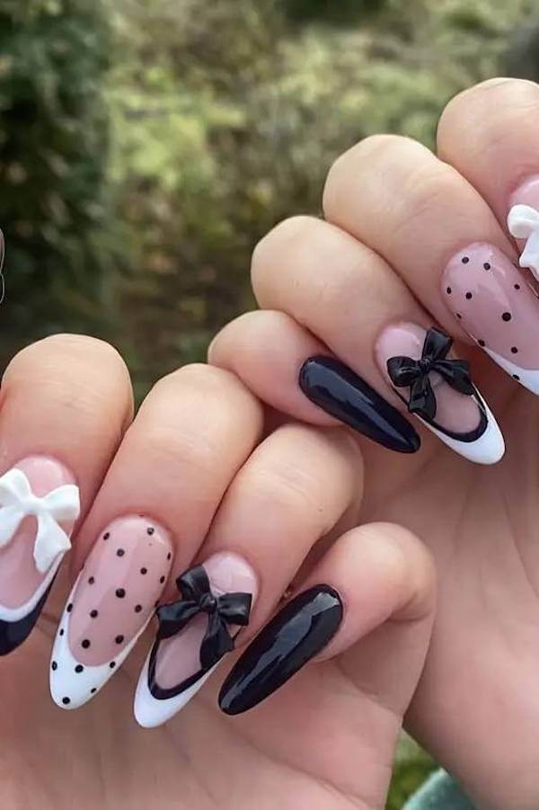 Black and White Bow Accent Nails