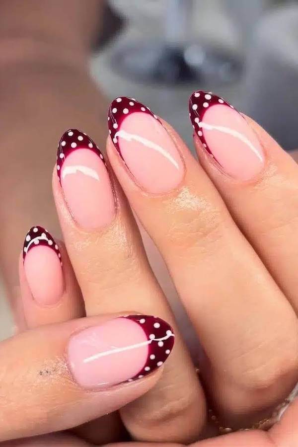 Burgundy French Tip Polka Dot Nails