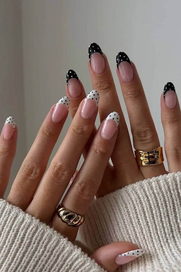Black and White Polka Dot Tip Nails