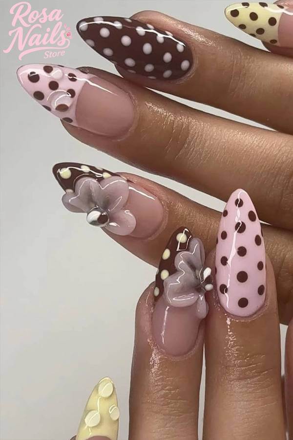 Brown and Pastel 3D Flower Polka Dot Nails