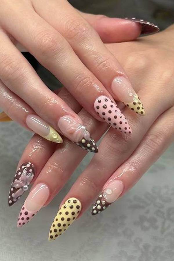 3D Pastel Stiletto Polka Dot Nails with Flowers
