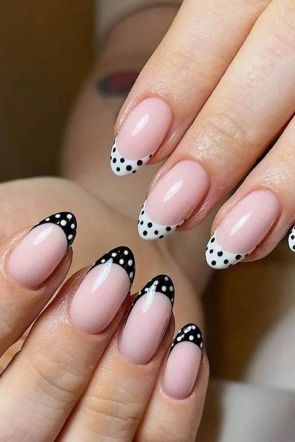Split Black and White Polka Dot French Tips