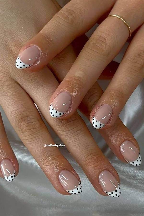 Simple Black and White Polka Dot French Nails