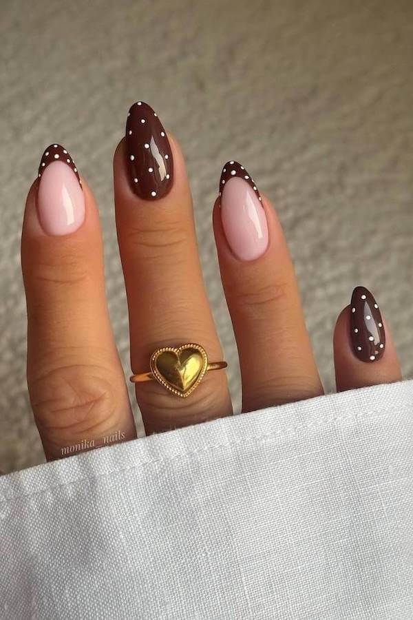Brown and White Polka Dot Accent Nails