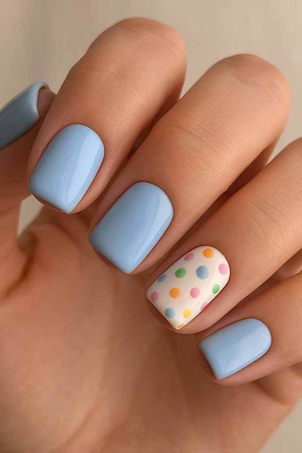 Pastel Blue Nails with Multicolor Polka Dot Accent