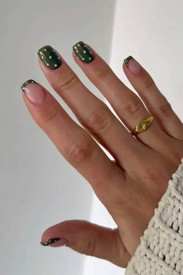 Olive Green Polka Dot French Tip Nails