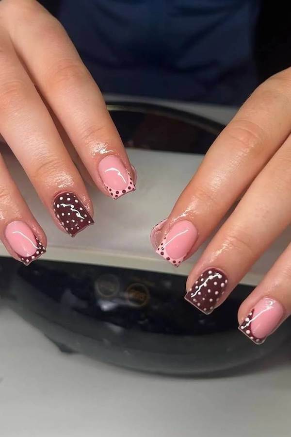 Brown and Pink Polka Dot Square Nails