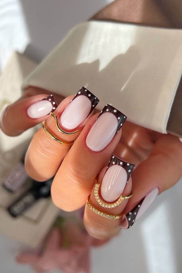 Nude Nails with Brown Polka Dot French Tips