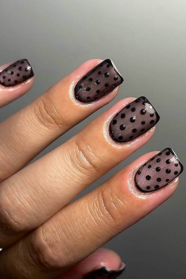 Sheer Mauve Nails with Black Polka Dots