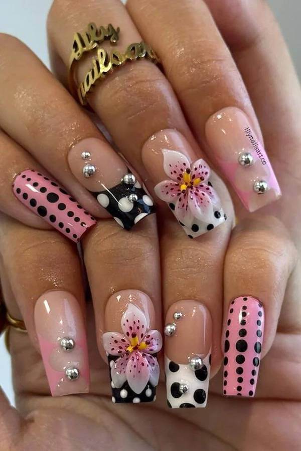 Floral and Mixed Polka Dot Square Nails
