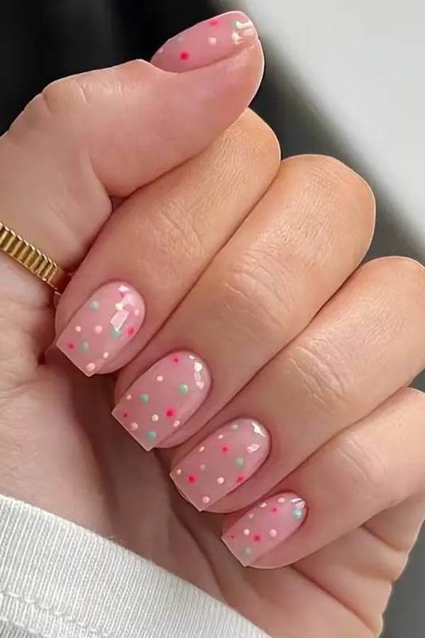 Pastel Pink Nails with Tiny Multicolor Dots