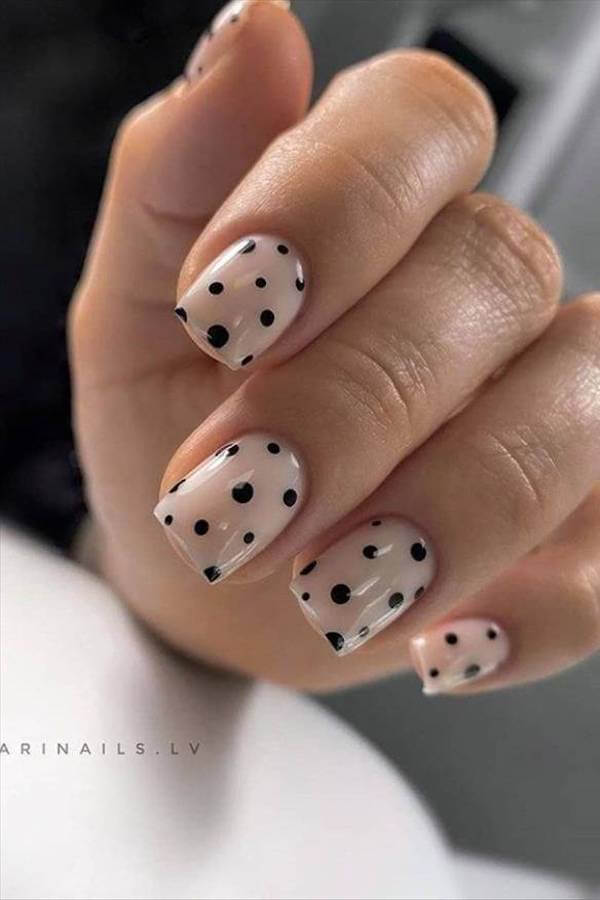 Nude Nails with Black Polka Dots